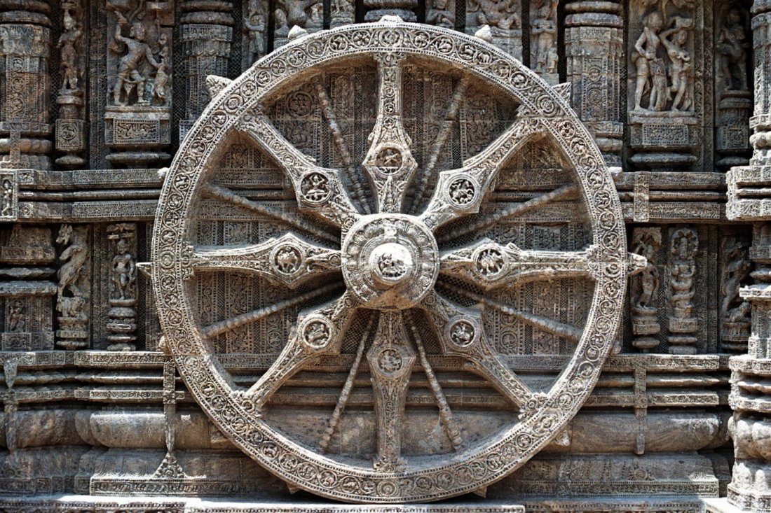A representation of the Dharmachakra or Buddhist eight-spoked wheel